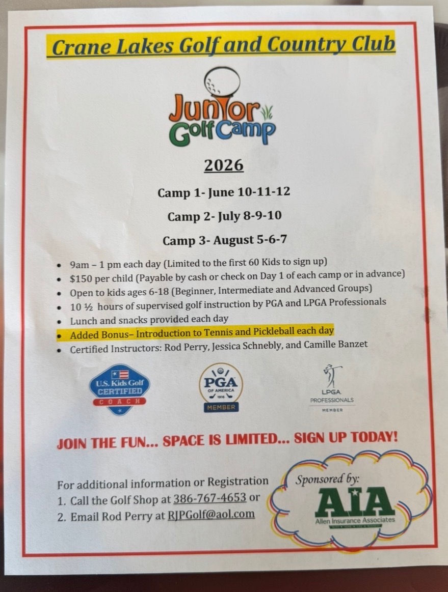 Crane Lakes Junior Golf Camp | Crane Lakes Golf & Country Club | August 5–7, 2026
